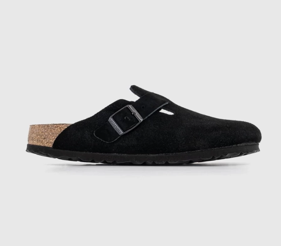 BIRKENSTOCK Boston Clogs for Men - Black Soft Footbed Unisex Leather Slip-On Mules