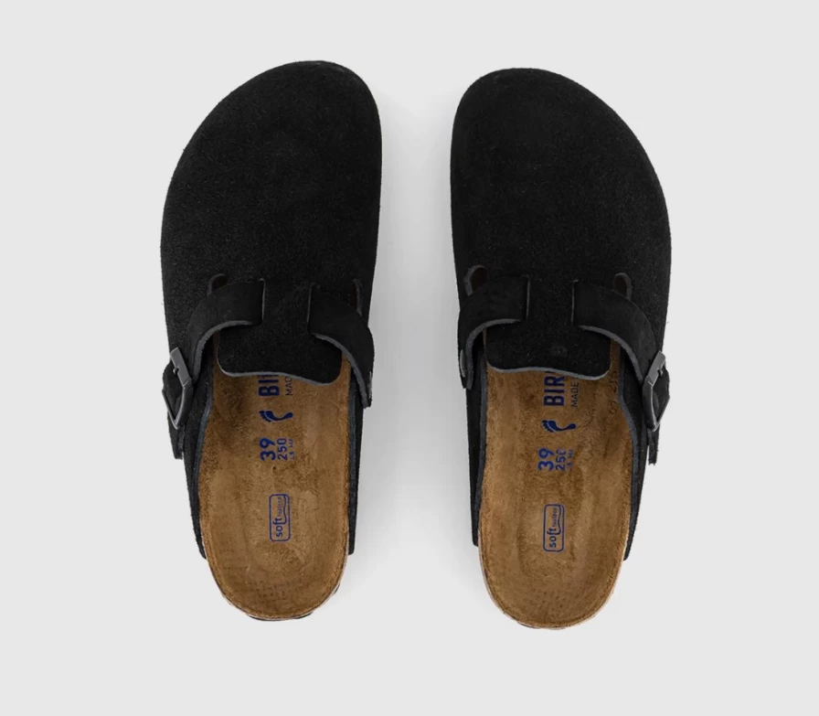 BIRKENSTOCK Boston Clogs for Men - Black Soft Footbed Unisex Leather Slip-On Mules