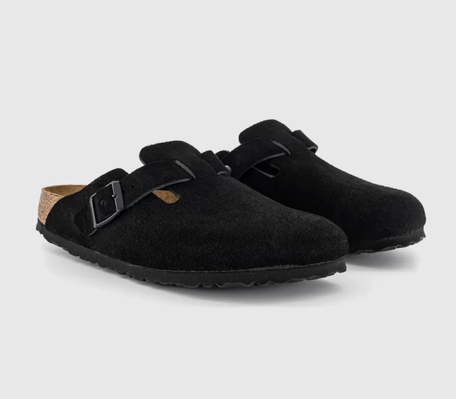 BIRKENSTOCK Boston Clogs for Men - Black Soft Footbed Unisex Leather Slip-On Mules