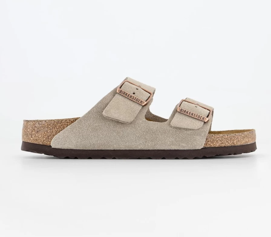 BIRKENSTOCK Arizona Taupe Suede Two Strap Sandals for Men | Comfortable Footbed & Adjustable Fit