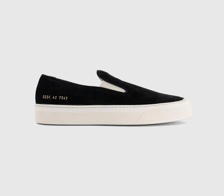 Common Projects Men's Black & White Suede Slip-On Sneakers