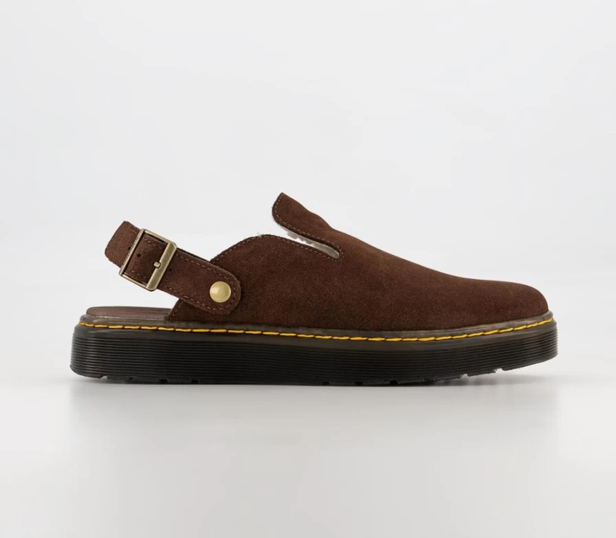 Dr. Martens Men's Carlson Lined Mules in Dark Brown Suede with Cream Shearling