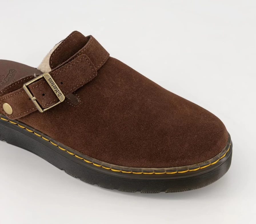Dr. Martens Men's Carlson Lined Mules in Dark Brown Suede with Cream Shearling