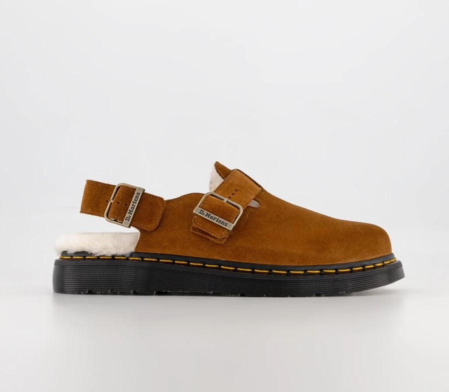 Dr. Martens Men's Jorge Shearling Mules in Pecan Brown Repello Calf Suede