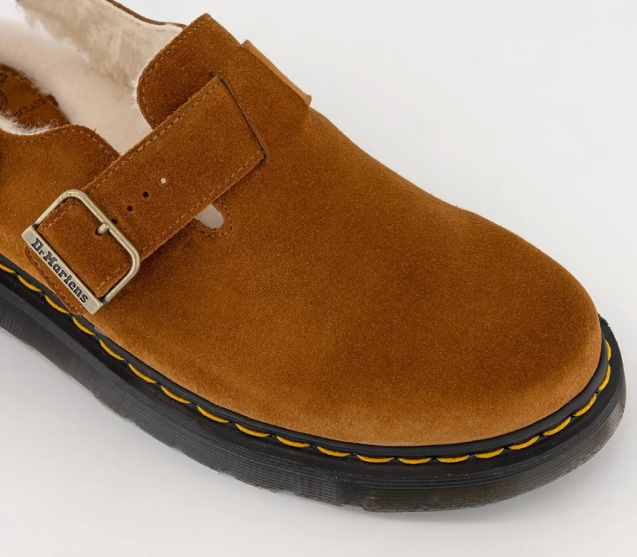 Dr. Martens Men's Jorge Shearling Mules in Pecan Brown Repello Calf Suede