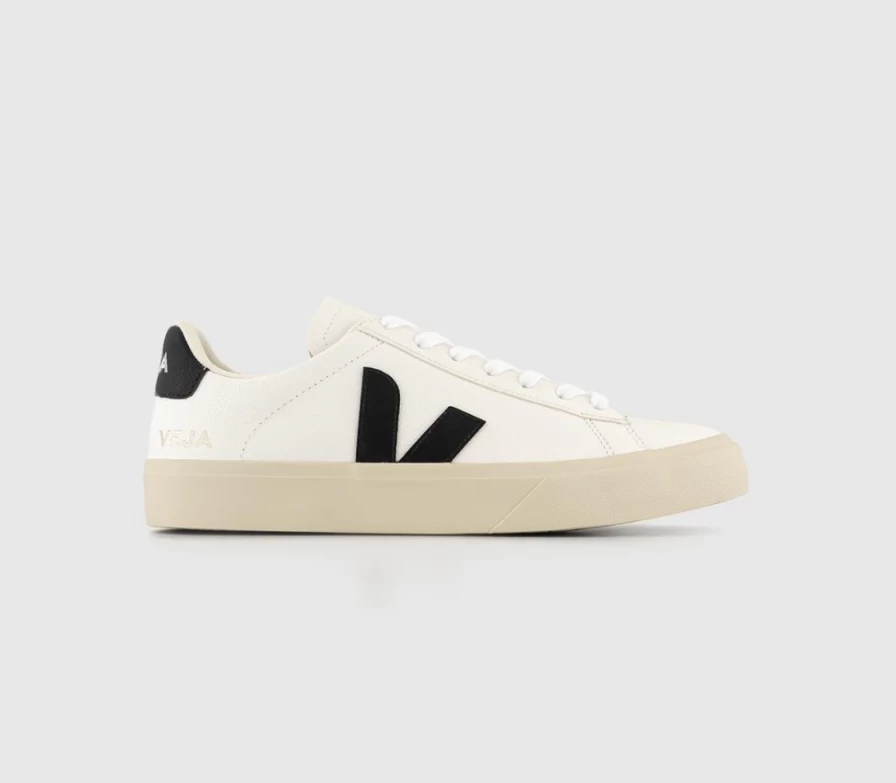 VEJA Women's Campo Trainers in White & Black Leather - Sustainable Sneakers