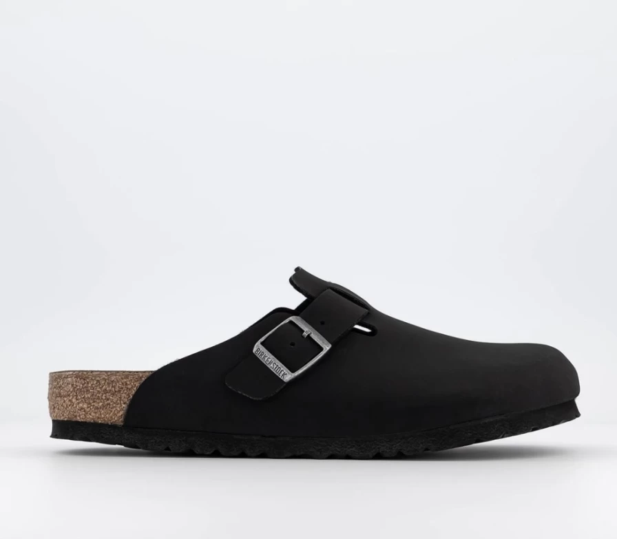 BIRKENSTOCK Boston Clogs for Men in Earthy Vegan Black - Comfortable Vegan Leather Slip-On Mules